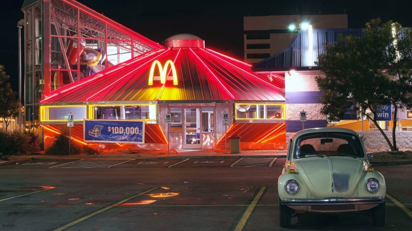 ROSWELL, NEW MEXICO - OCT 14: McDonald's Restaurant in Roswell, New Mexico as seen at night on October 14, 2008.