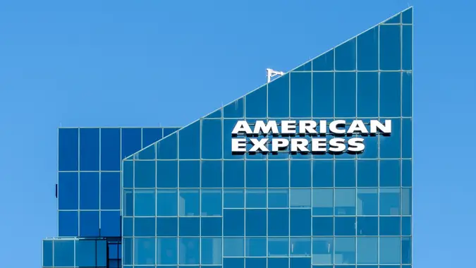 Toronto, Canada - October 29, 2018: Sign of American Express on the building at North York in Toronto.