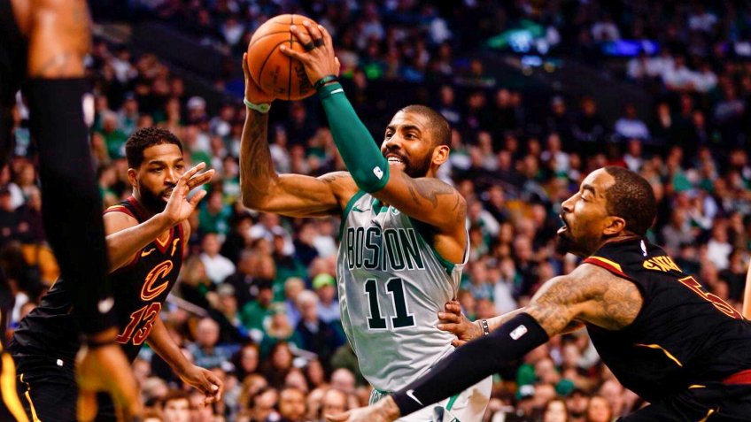 Boston Celtics guard Kyrie Irving defends Cleveland Cavaliers