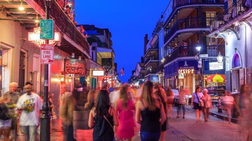 Bourbon Street sign with pubs and bars and neon lights in the French Quarter, New Orleans on August 25, 2015.