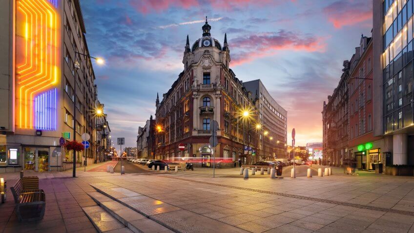 Central square of Katowice, Poland in dramatic sunset.