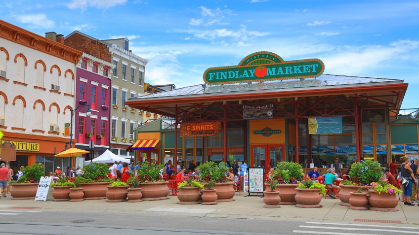 CINCINNATI, OHIO - JUNE 18, 2017: Findlay Market is a trendy farmer's marketplace in the historic Over the Rhine district in Cincinnati, Ohio.