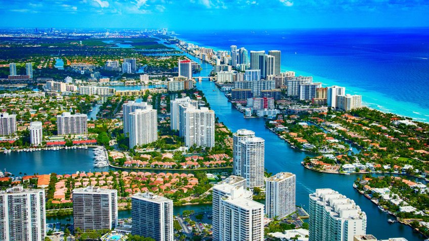 Aerial view of the city of Hallandale Beach located in Broward County Florida.