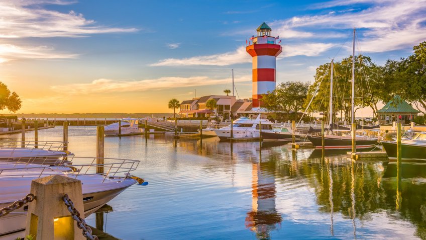 Hilton Head, South Carolina, lighthouse at dusk.