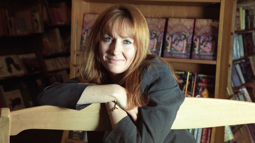 Joanne Rowling poses in a New York bookstore