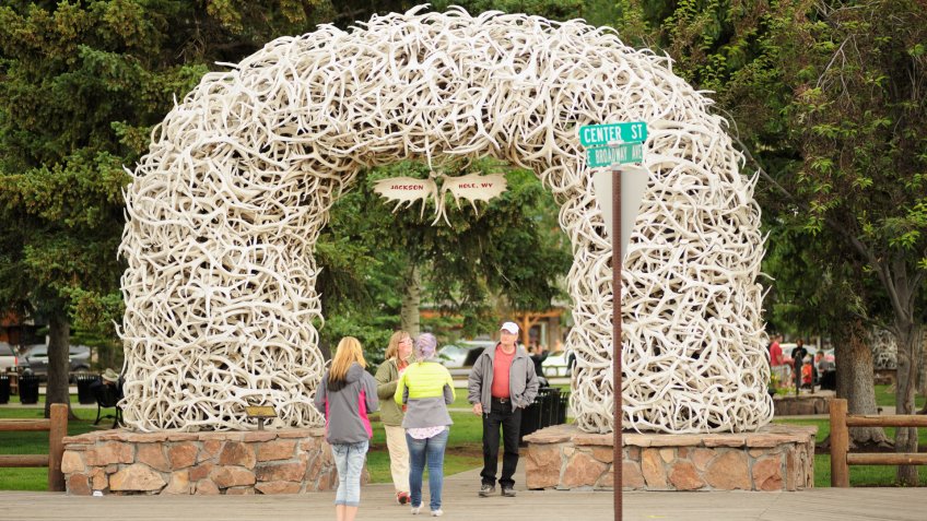 Jackson Hole, Wyoming, USA - June 26, 2014: Close up of Jackson Hole, Wyoming antler arch in in downtown Jackson Hole, Wyoming tourist square district.