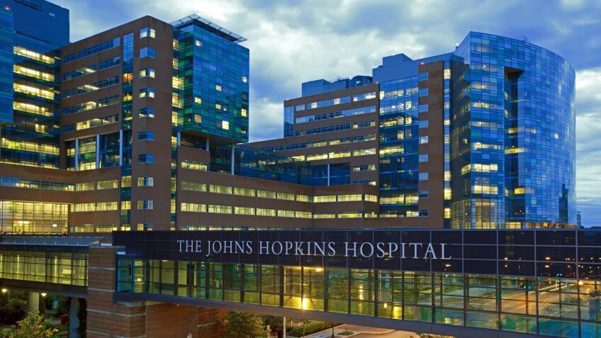 Baltimore, MD, USA - June 28, 2015: The Johns Hopkins Hospital at night from Orleans Street.