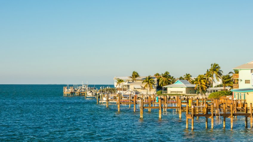 Florida Keys fishing boats in turquoise tropical blue water.