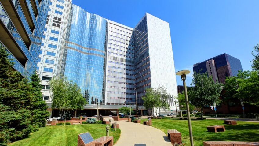 Rochester, Minnesota, USA - June 11, 2017: Daytime view of the front entrance of the Gonda Building-Mayo Clinic in the heart of downtown.