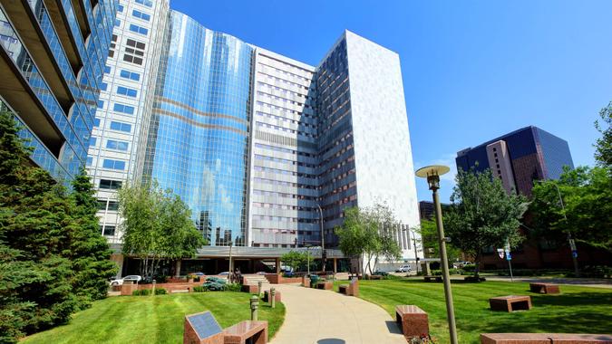 Rochester, Minnesota, USA - June 11, 2017: Daytime view of the front entrance of the Gonda Building-Mayo Clinic in the heart of downtown.