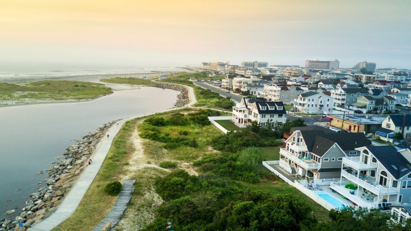 Sunset over the North Wildwood sea wall, aerial view.