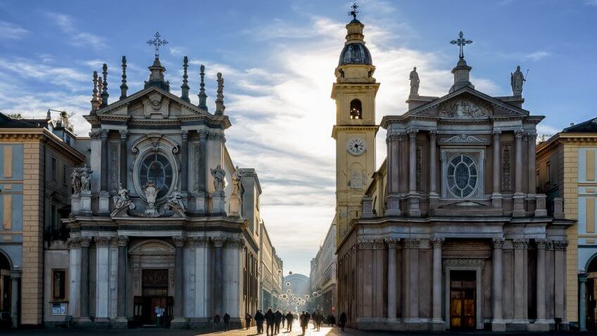 Piazza San Carlo, one of the main squares of Turin (Italy) with its twin churches.