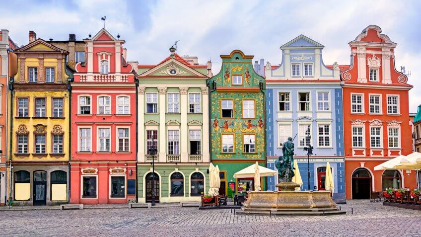 Colorful renaissance facades on the central market square in Poznan, Poland.