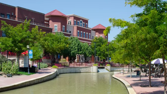 Pueblo, United States - August 18, 2013:  The Riverwalk has revitalized the downtown area of Pueblo, Colorado by creating retail shops and restaurants in a section of town that was once uninhabitable.