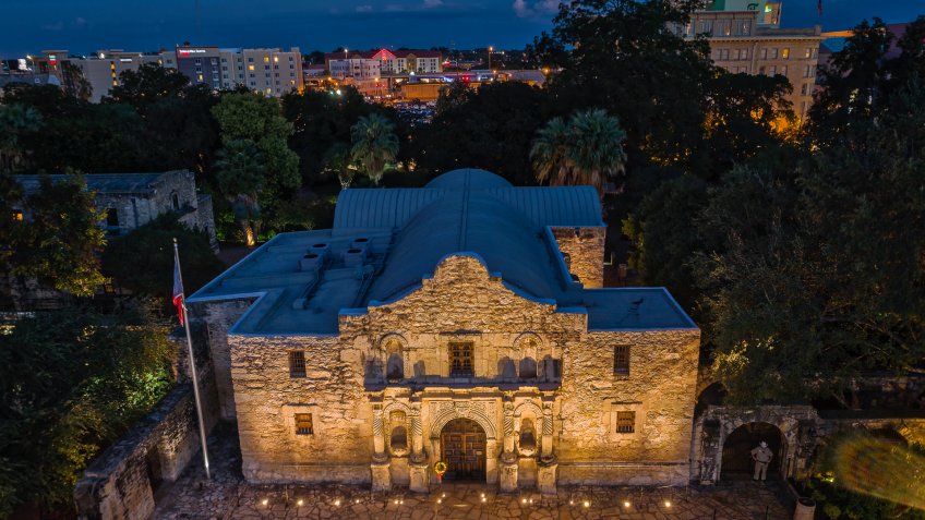 Aerial photo taken over The Alamo in San Antonio, Texas.