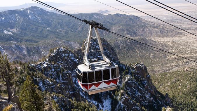 The Sandia Peak Tramway (Cable Car) approaching the top of Sandia Peak.