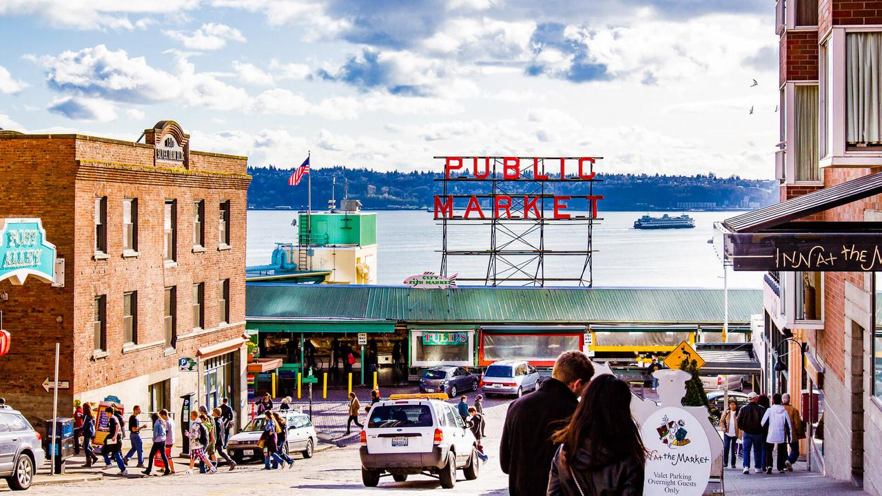 A street view of Pike Place Market in Seattle, WA.