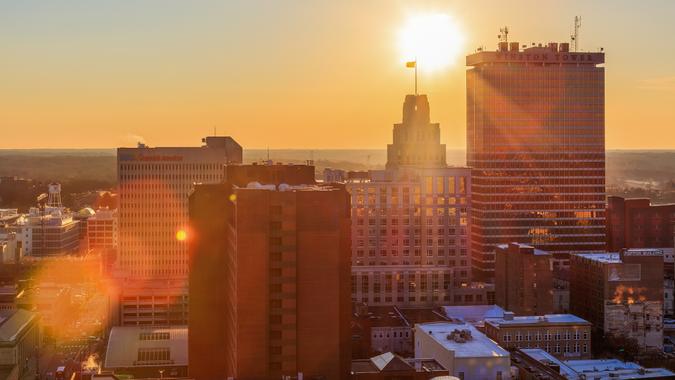 Sun rises in downtown Winston-Salem, North Carolina.