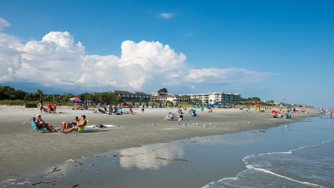 Hilton Head, South Carolina, USA - September 22, 2014: People enjoy a late afternoon at Coligny Beach on Hilton Head Island.