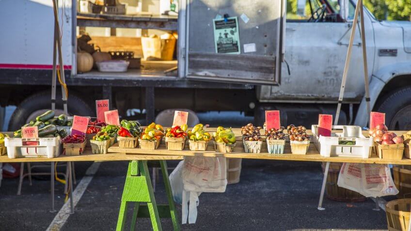 fresh fruit and vegetales at a mobile farmers market truck