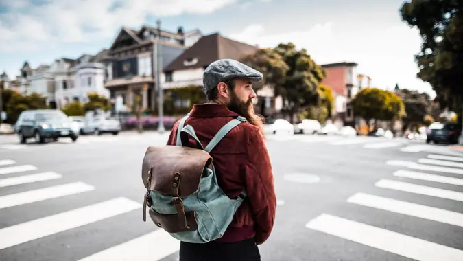 hipster walking on the streets of san francisco.