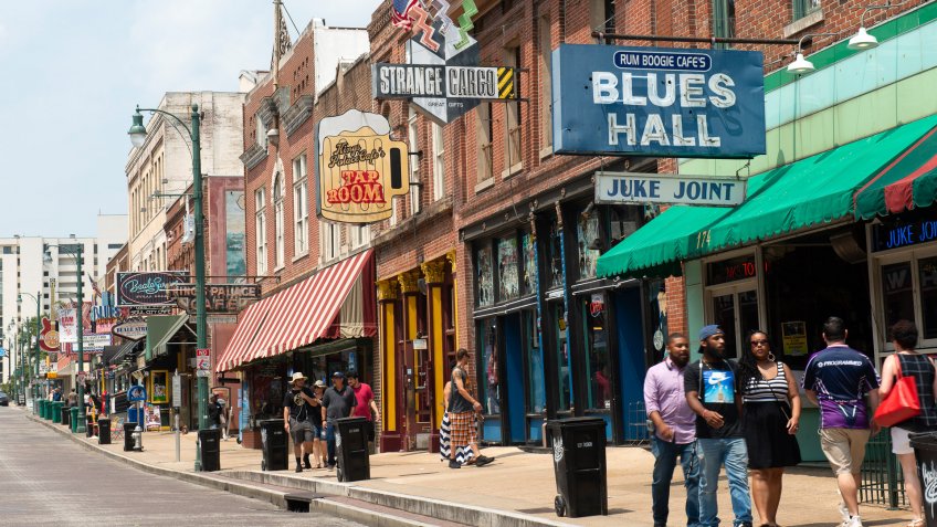 People walk on Beale Street in Memphis Tennessee