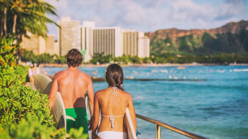 surfers walk in Honolulu Hawaii