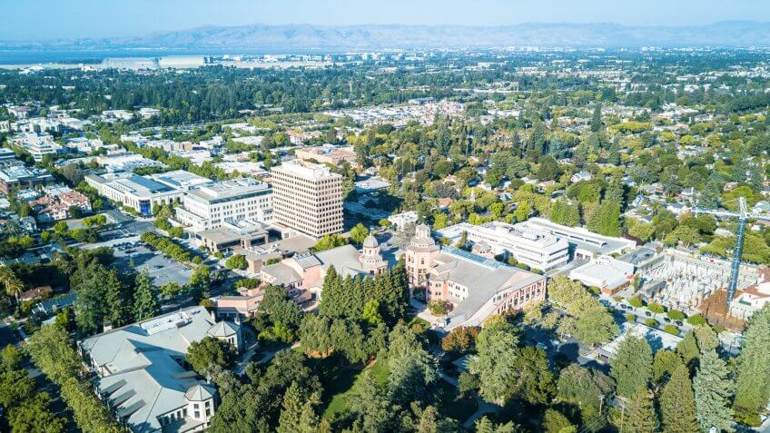 Drone view of downtown Mountain View in California.