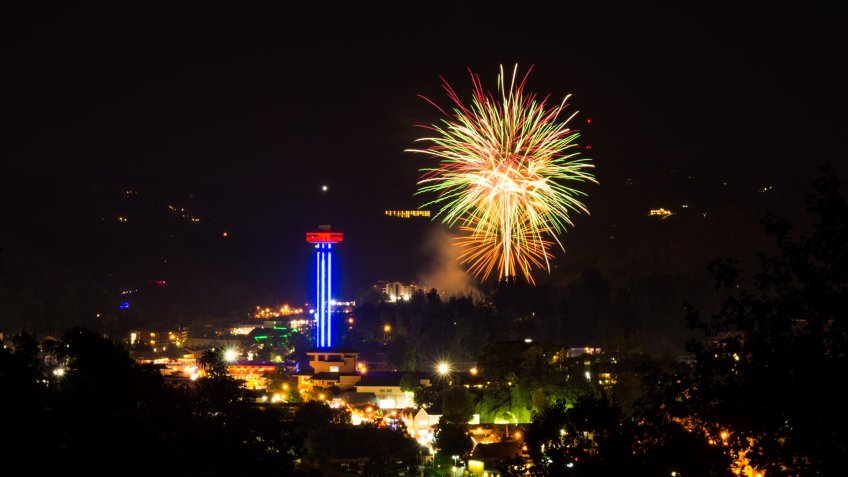 Fourth of July Fireworks over Gatlinburg, TN from the gatlinburg overlook in the Great Smoky Mountains National Park along the bypass.
