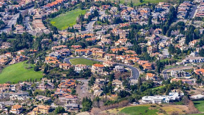 Aerial view of a residential neighborhood on a sunny day, Fremont, east San Francisco bay area, California.