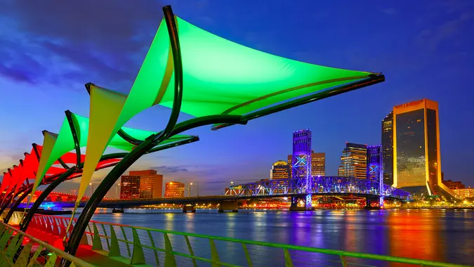 Jacksonville skyline sunset river reflection in Florida USA.