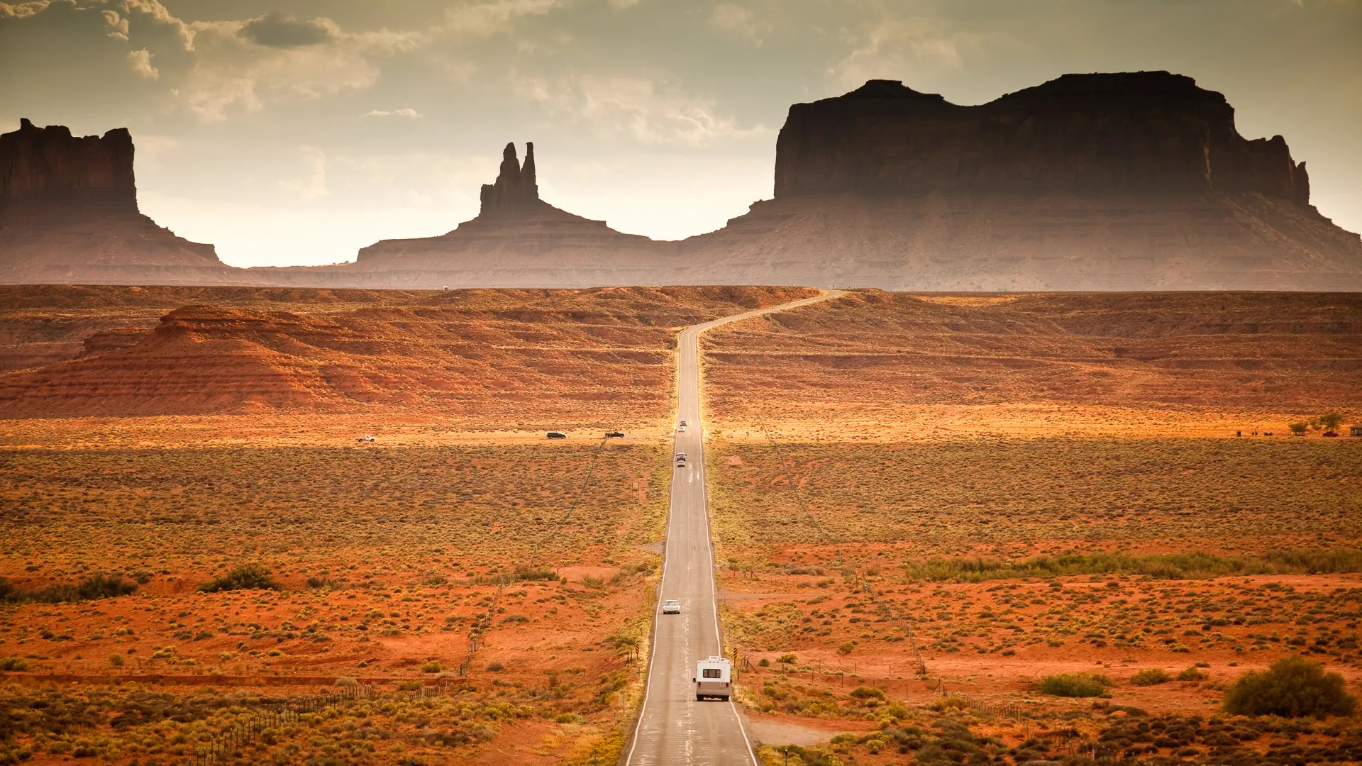 Motor home camper on vacation in the southwest USA red rock landscape near Monument Valley Arizona.