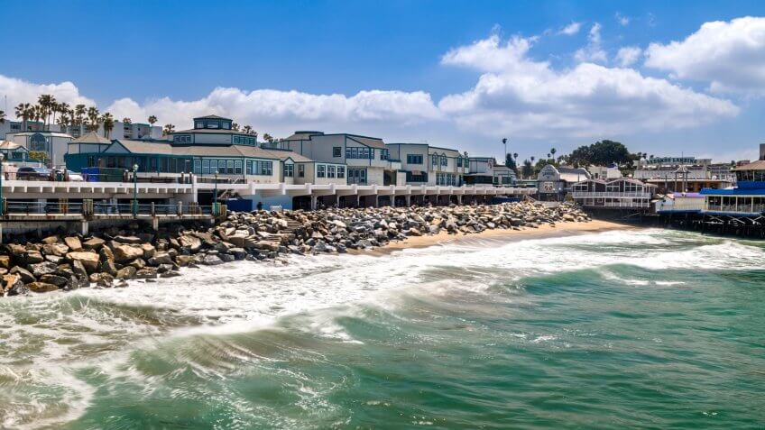 The Redondo Beach boardwalk in Southern California is lined with restaurants, housing and a nice beach.