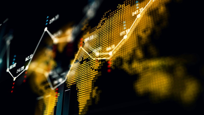 Financial data analysis graph over world map.