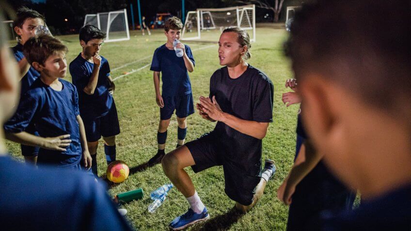 Soccer coach talking to the team.
