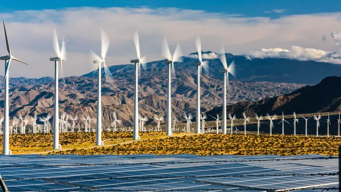 Wind farm with solar panels in southern California.