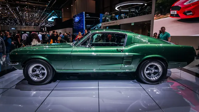 GENEVA, SWITZERLAND - MARCH 17, 2018: BULLIT' MUSTANG 1968 VINTAGE CAR presented at the 88th Geneva International Motor Show.
