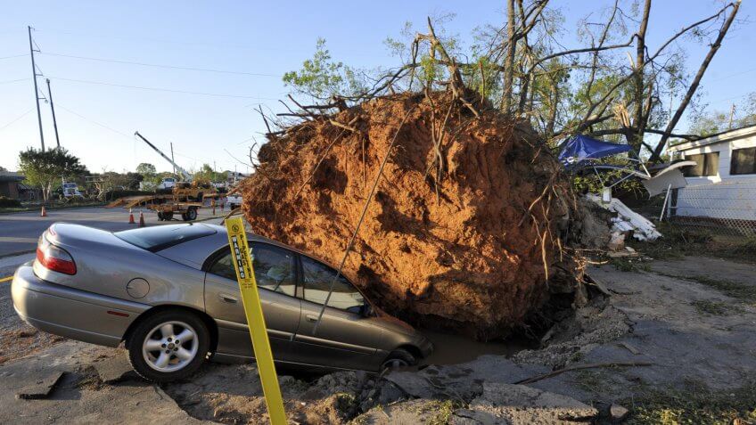 Mandatory Credit: Photo by Stan Gilliland/EPA/Shutterstock (7718544h)A Car is Swallowed Up by a Hole Left After This Tree Fell As a Tornado Passed Just South of Downtown Raleigh North Carolina Usa on 17 April 2011 the Storm Killed Twenty Two and Injured at Least Eighty More As It Moved Through the State United States SanfordUsa Tornado Deaths - Apr 2011.