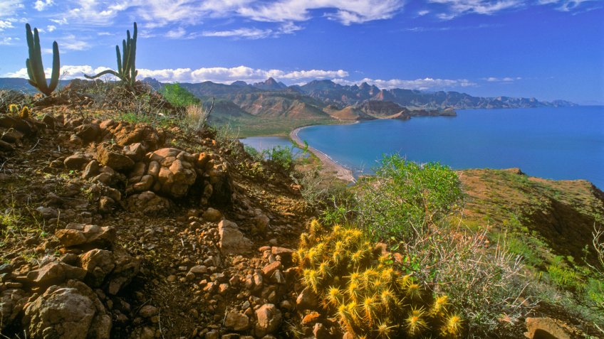 View of the Sierra de la Giganta Mountains and Sea of Cortez in Baja California Sur, Mexico.
