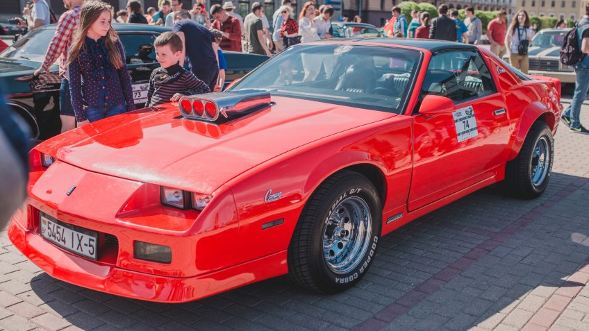 Minsk, Belarus - May 18, 2019: Exhibition and parade of retro cars - Chevrolet 1985 Camaro IROC-Z - Image.