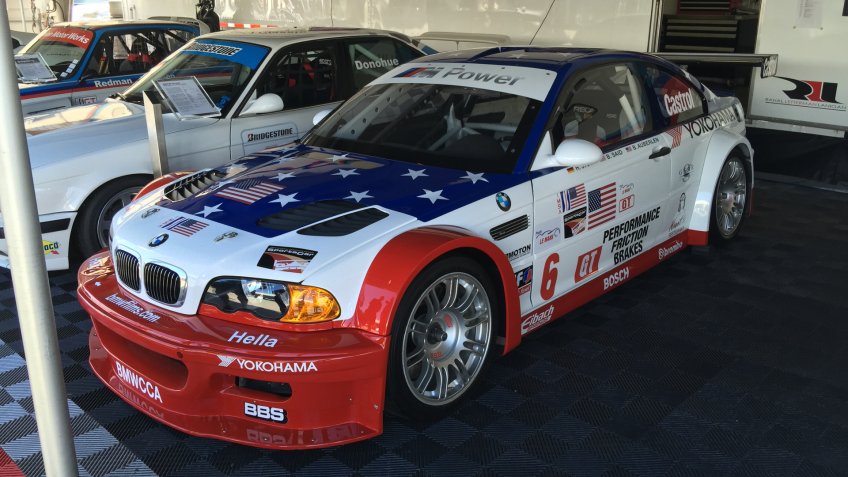 Monterey, CA - August 14, 2015 - A 2001 BMW M3 GTR as seen at Mazda Raceway Laguna Seca featuring a “Stars and Stripes” livery as a 9/11 tribute.