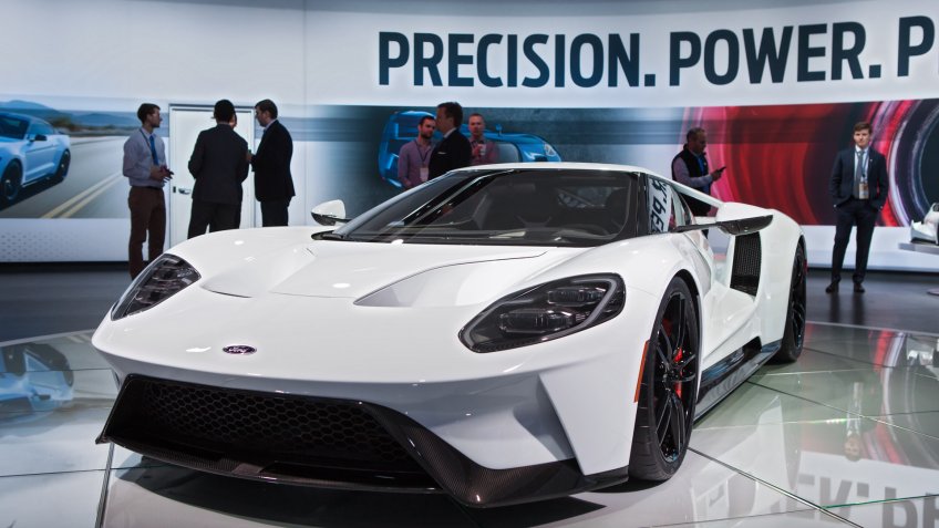 DETROIT - JANUARY 11: The 2017 Ford GT supercar on display at the North American International Auto Show media preview January 13, 2016 in Detroit, Michigan.