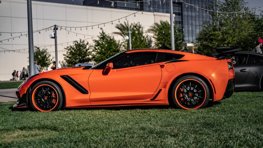 Fiery Orange Chevrolet Corvette ZR1 Parked on a grass field in Las Vegas, Nevada / USA - June 26th, 2019 - Image.