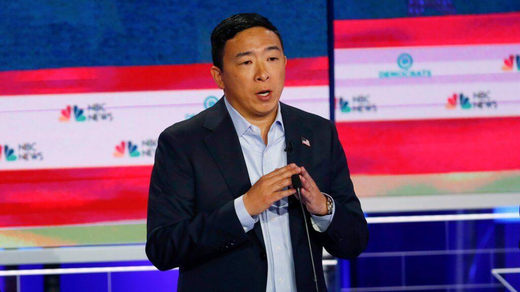 Mandatory Credit: Photo by Wilfredo Lee/AP/Shutterstock (10323369k) Democratic presidential candidate entrepreneur Andrew Yang, speaks during the Democratic primary debate hosted by NBC News at the Adrienne Arsht Center for the Performing Art, in Miami Election 2020 Debate, Miami, USA - 27 Jun 2019.