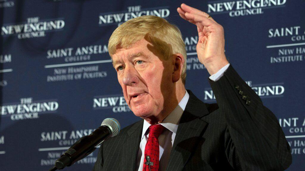 Mandatory Credit: Photo by CJ GUNTHER/EPA-EFE/Shutterstock (10107920m) Former Massachusetts Governor Bill Weld announces his intention to form an exploratory committee to purse the Republican nomination for United States President at the New England Council Politics and Eggs at the Bedford Inn, in Bedford, New Hampshire, USA 15 February 2019.