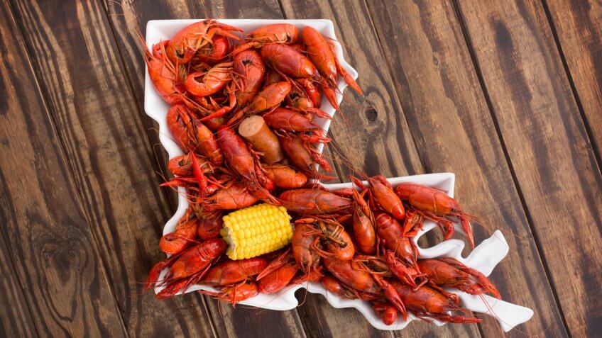 Boiled Crawfish on a Wood Background.