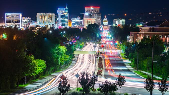 Boise,idaho,usa 2017/06/15 : Boise cityscape at night with traffic light.