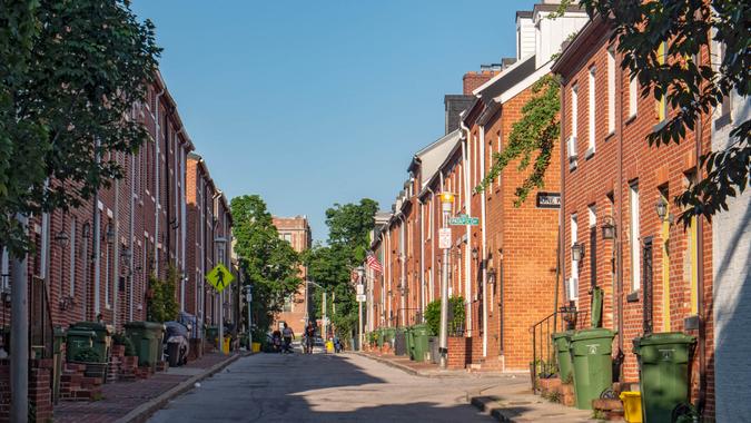 Baltimore, Maryland/USA - May 24, 2018: Brick Row Houses in Federal Hill Neighborhood.