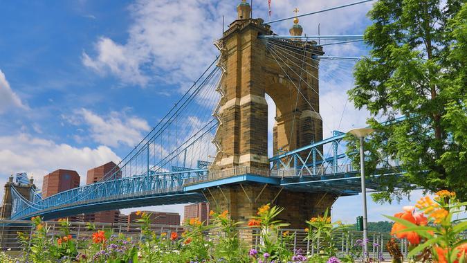 The Roebling Bridge in Cincinnati in the summer
