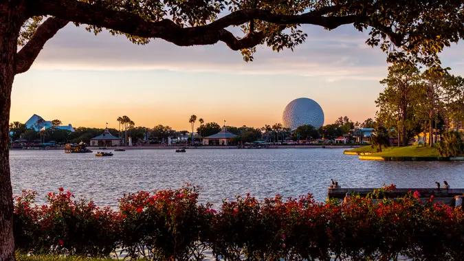 A view of  Spaceship Earth, a geodesic sphere, located in Epcot at the Walt Disney World Resort in Bay Lake, Florida.